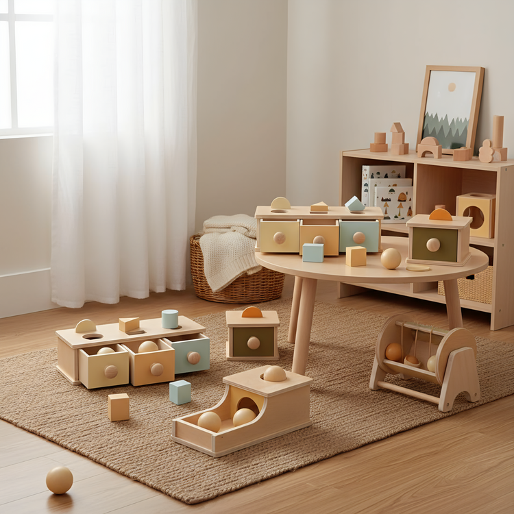 collection of wooden Montessori toys in a nursery room