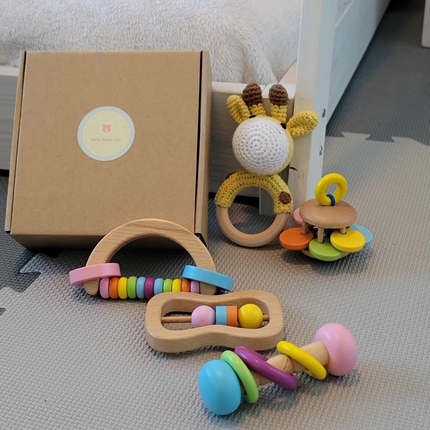 Montessory wooden baby toy set with crochet baby rattle | wooden toys for kids | hunny bubba kids