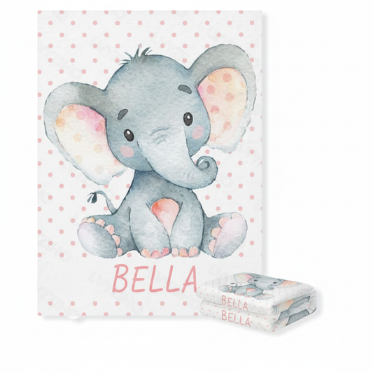 Illustration of a baby elephant personalized fleece baby blanket with 'Bella' on a polka dot background