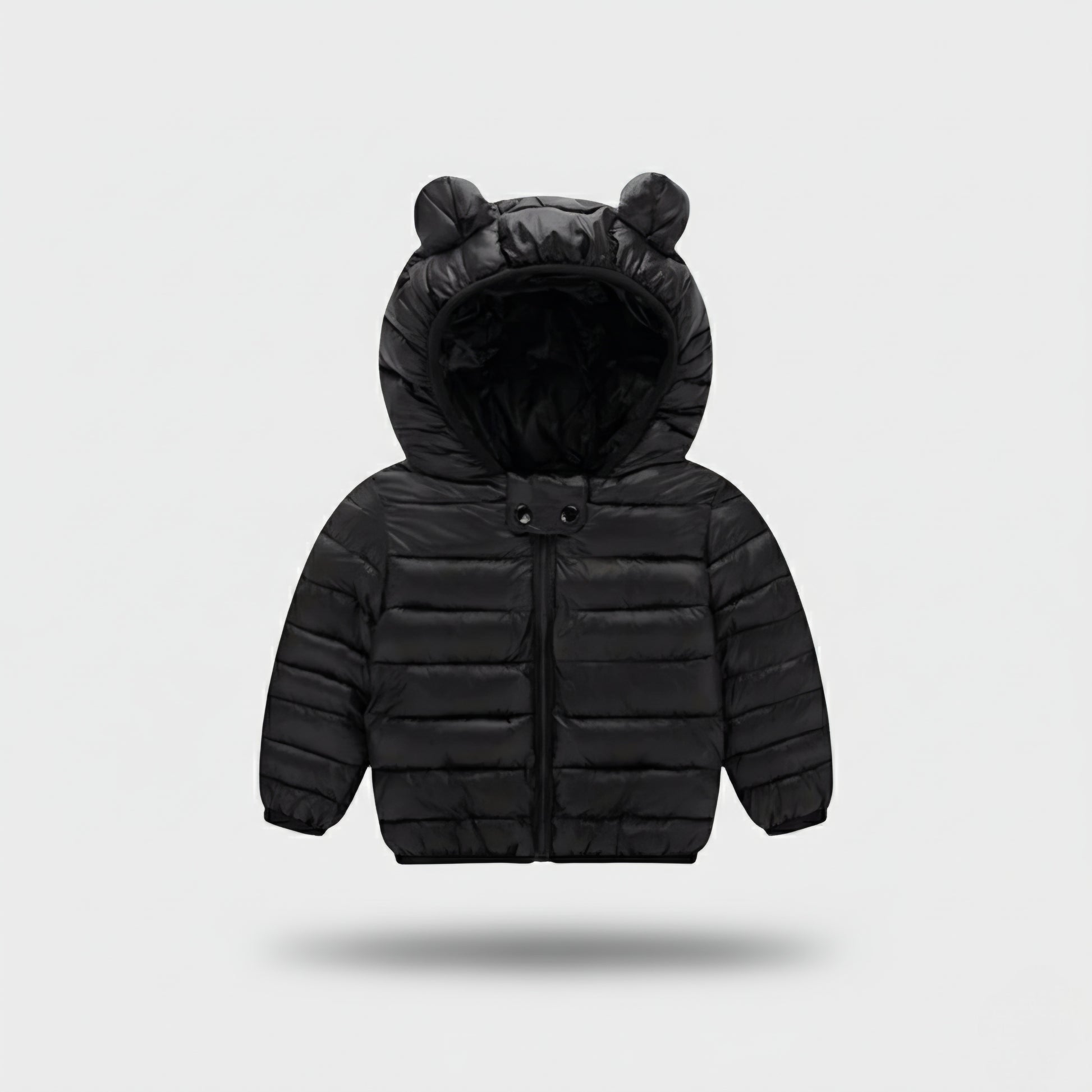 Black puffer jacket with bear ears on a light gray background