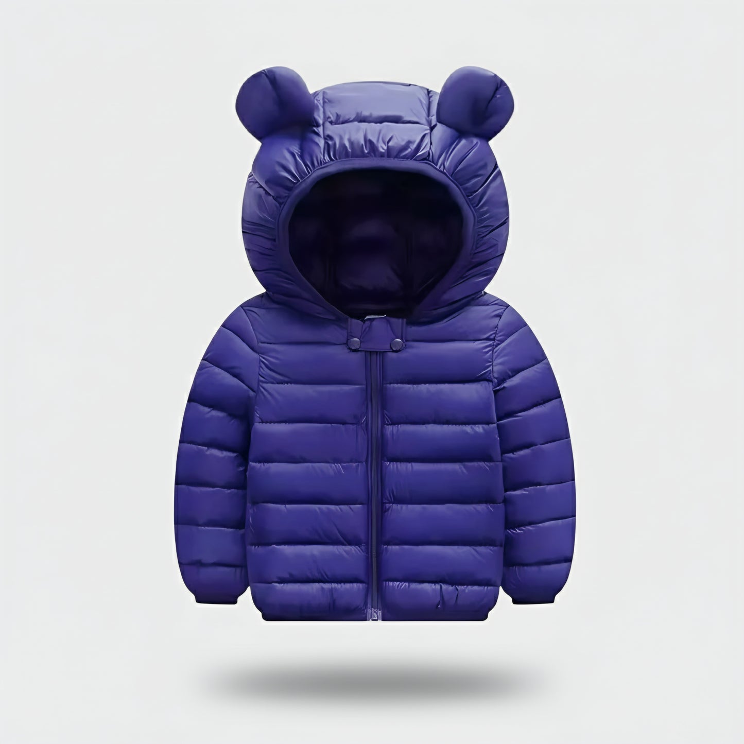 Blue puffer jacket with bear ears on a light gray background