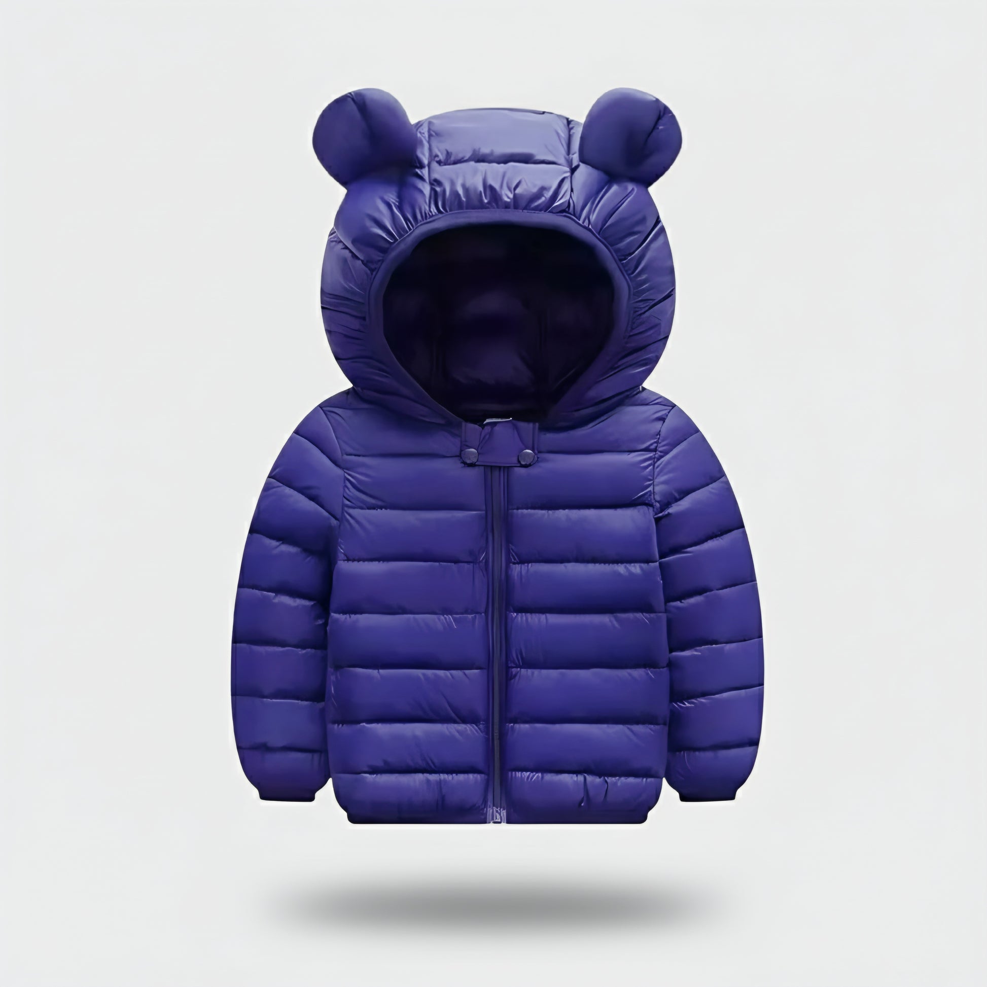 Blue puffer jacket with bear ears on a light gray background
