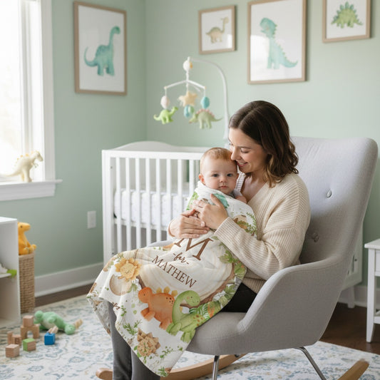 A mother sitting on a rocking chair with her baby boy on her laos and covered with a personalized fleece baby blanket dinosaur theme