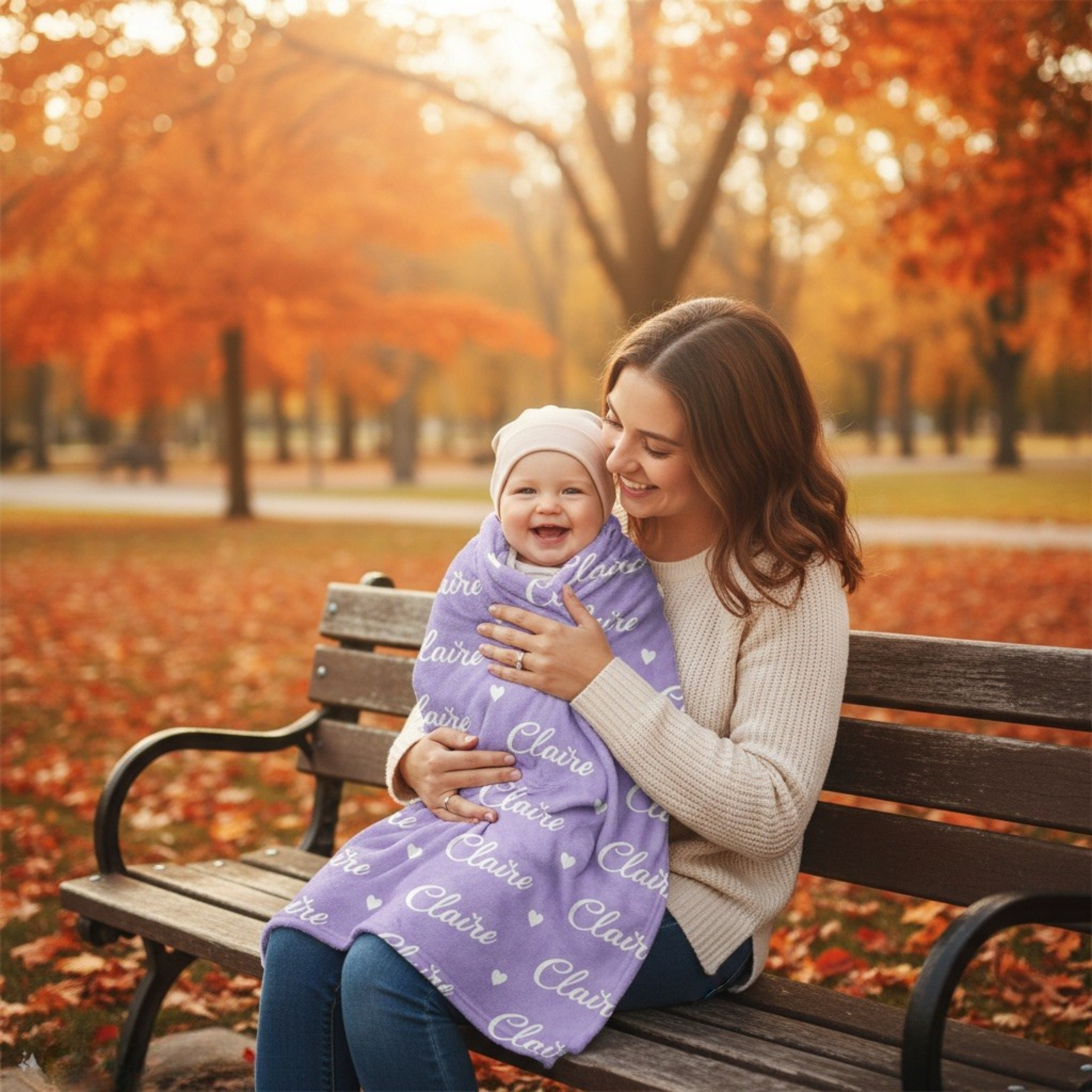 Woman holding a baby wrapped in a purple blanket with 'Clare' on it, sitting on a bench in an autumn park.