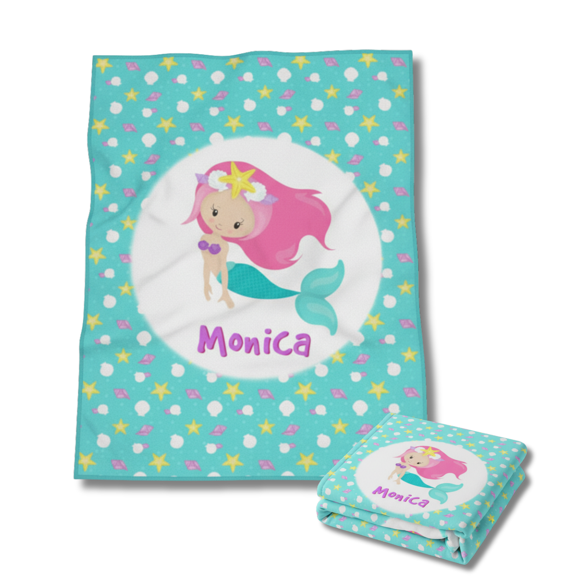 Children's blanket with a mermaid design and name 'Monica' on a polka dot background.