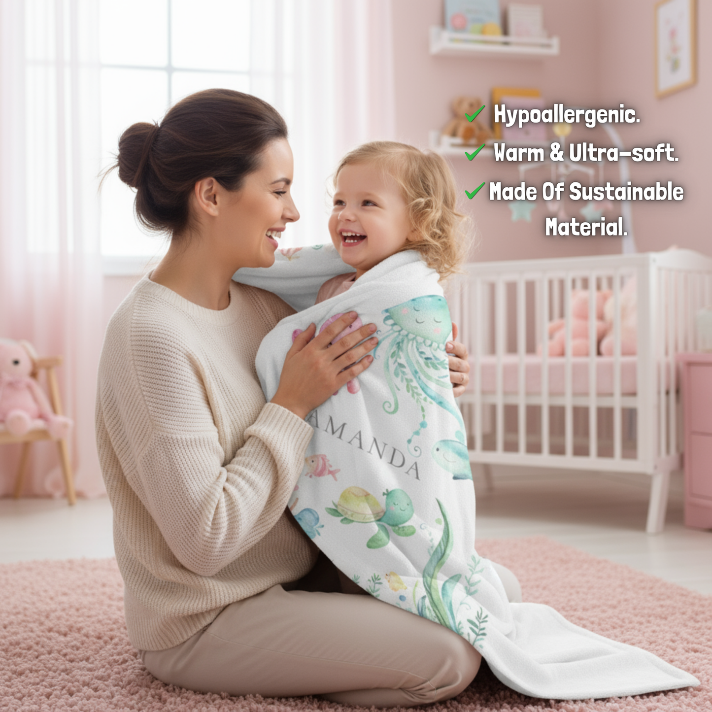 Woman holding a child wrapped in a blanket with product features listed above.