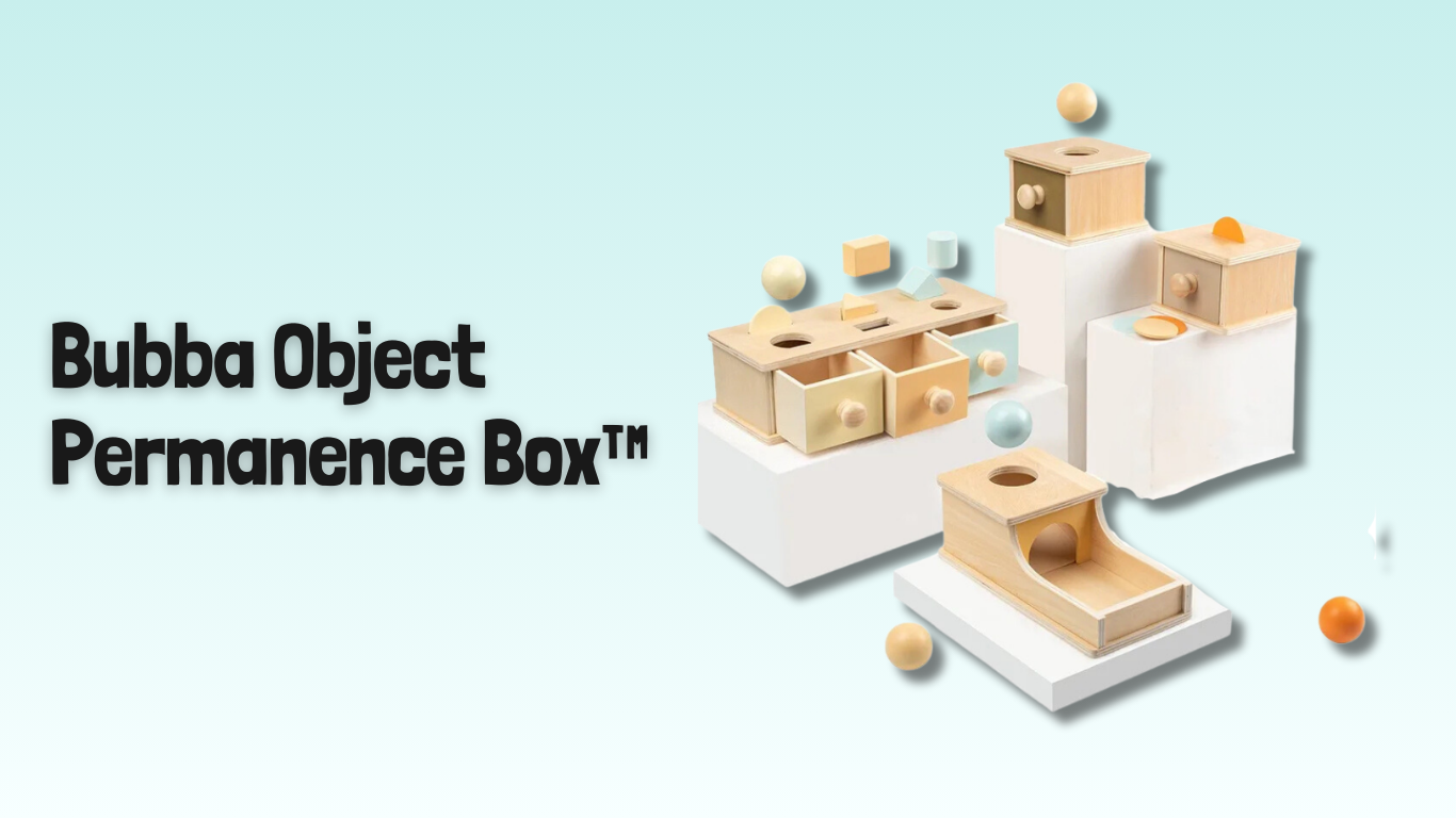 banner of four types of wooden Montessori object permanence box for babies