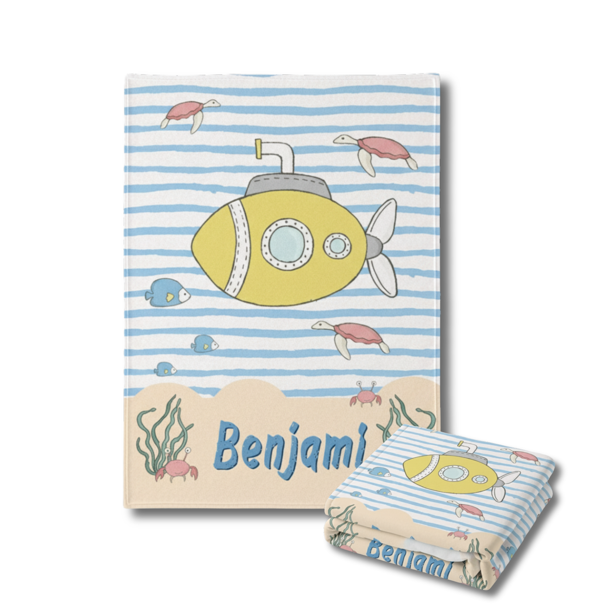 Children's blanket with submarine design and 'Benjamin' branding on a white background