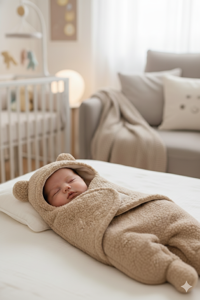 Baby wrapped in a beige fleece Hunny Baby Sleeping bag with bear ears in a cozy room.