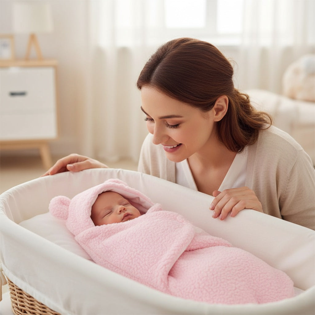 Woman smiling at a baby wrapped in pink in a white bassinet.