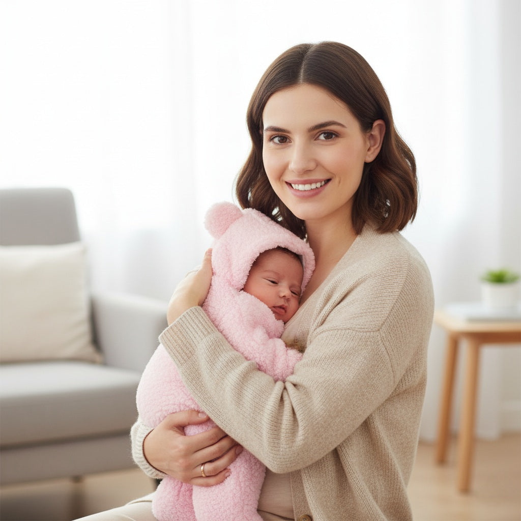 Woman holding a baby wrapped in a pink blanket in a living room.