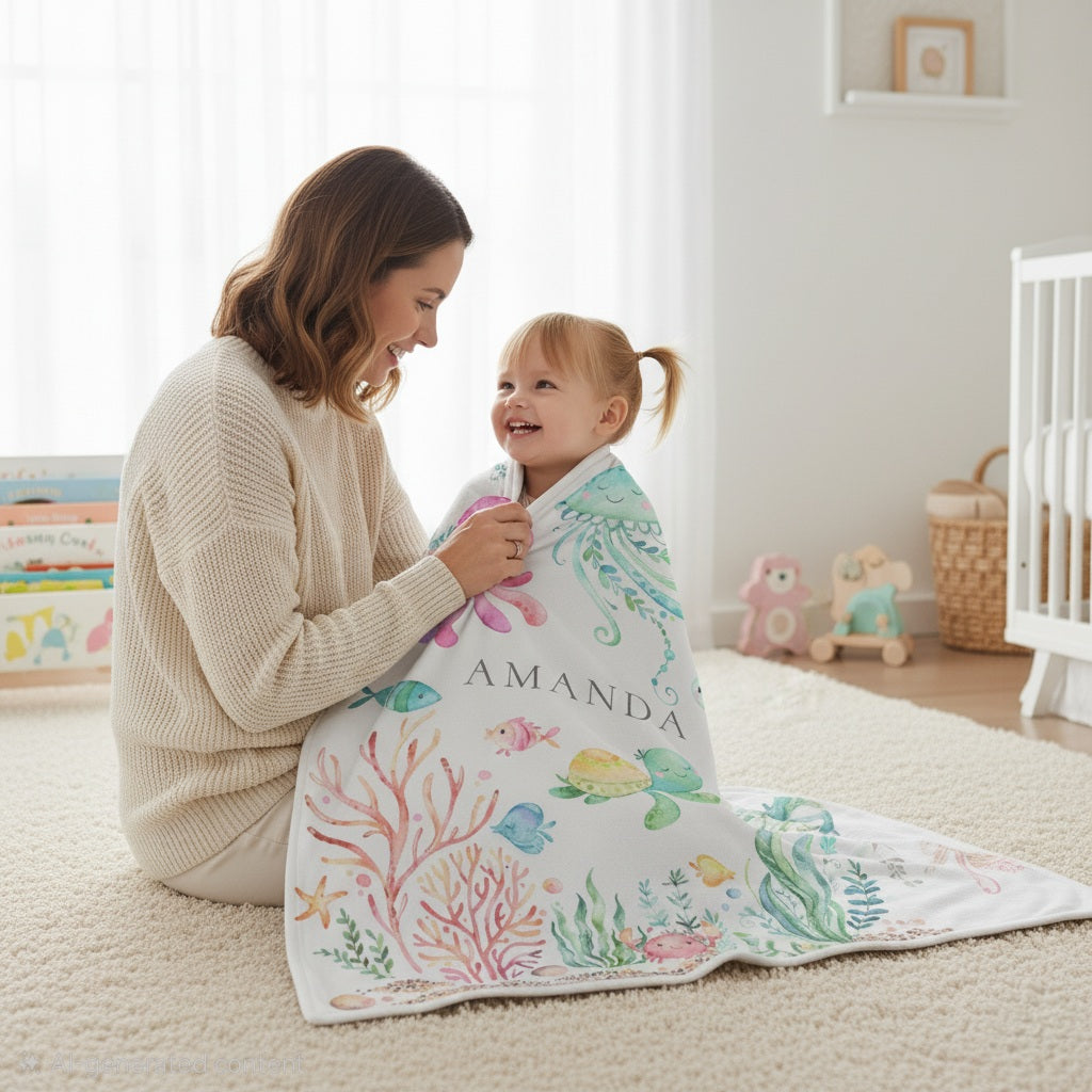 A mother hugging her toddler girl wrapped in a sea animals themed personalozed baby blanket in her nursery