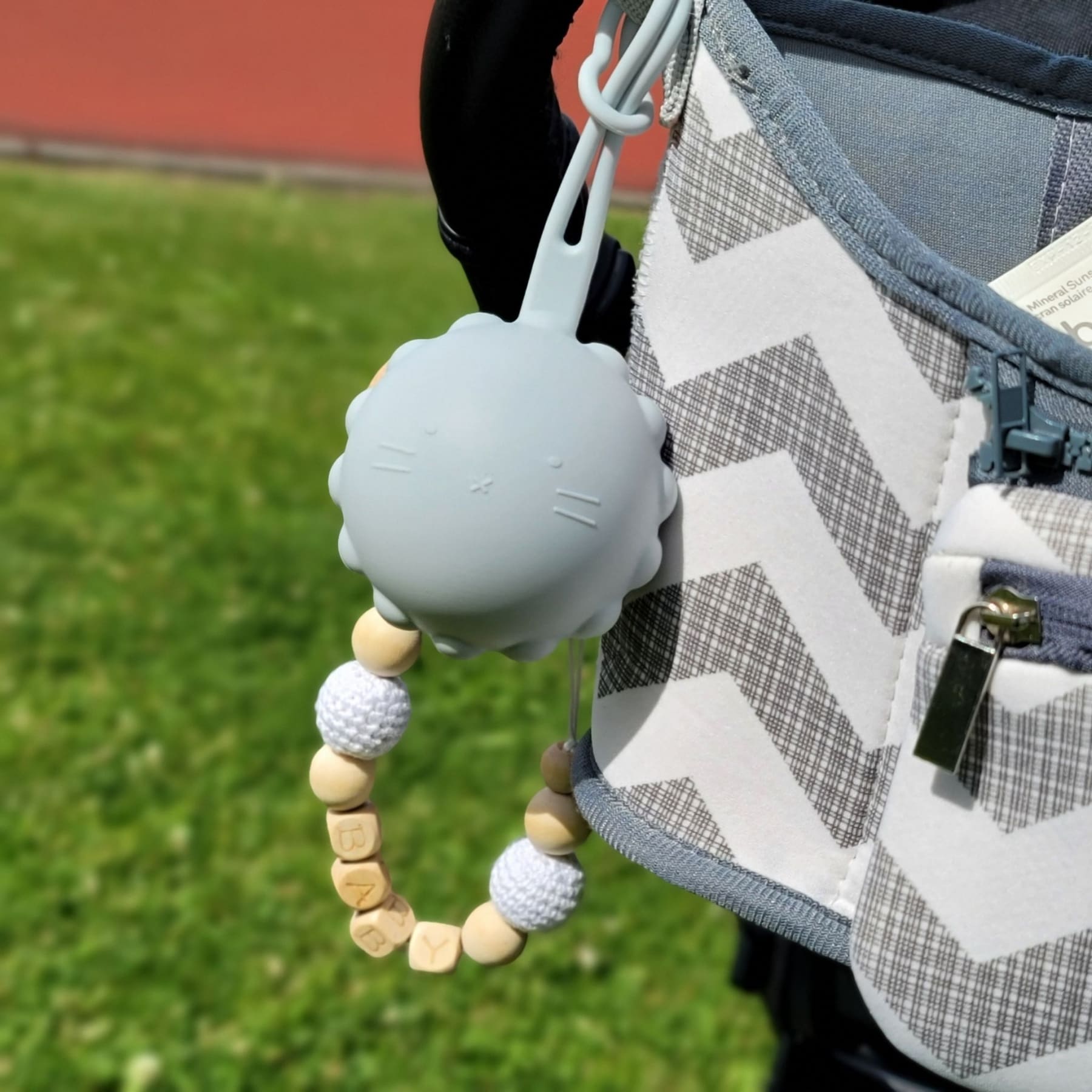 Pacifier Holder Case holding a pacifier and pacifier clip while out for a walk in a park.