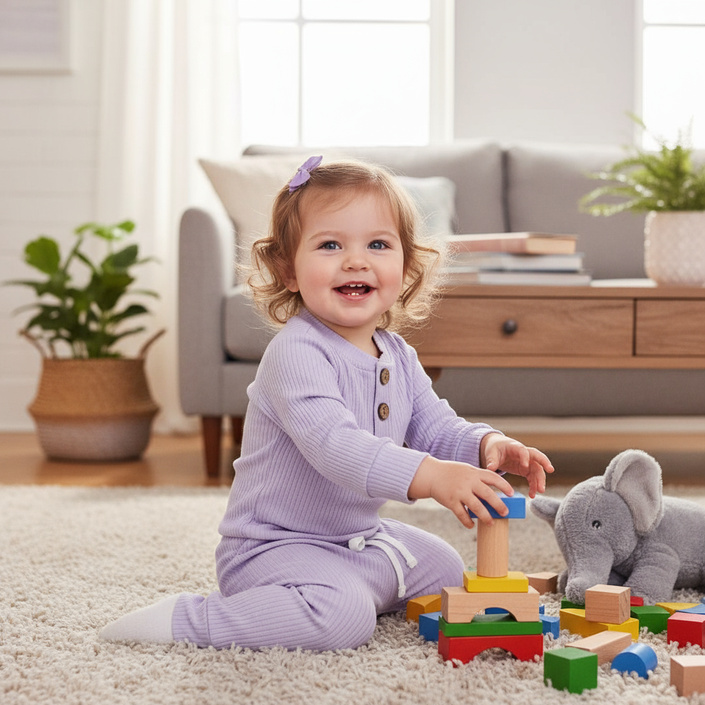 Toddler girl wearing a lilac ribbed Tommy Tracksuit while playing with her toys in the living room.