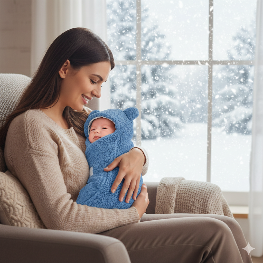 Woman holding a baby wrapped in a blue blanket with a snowy outdoor scene in the background