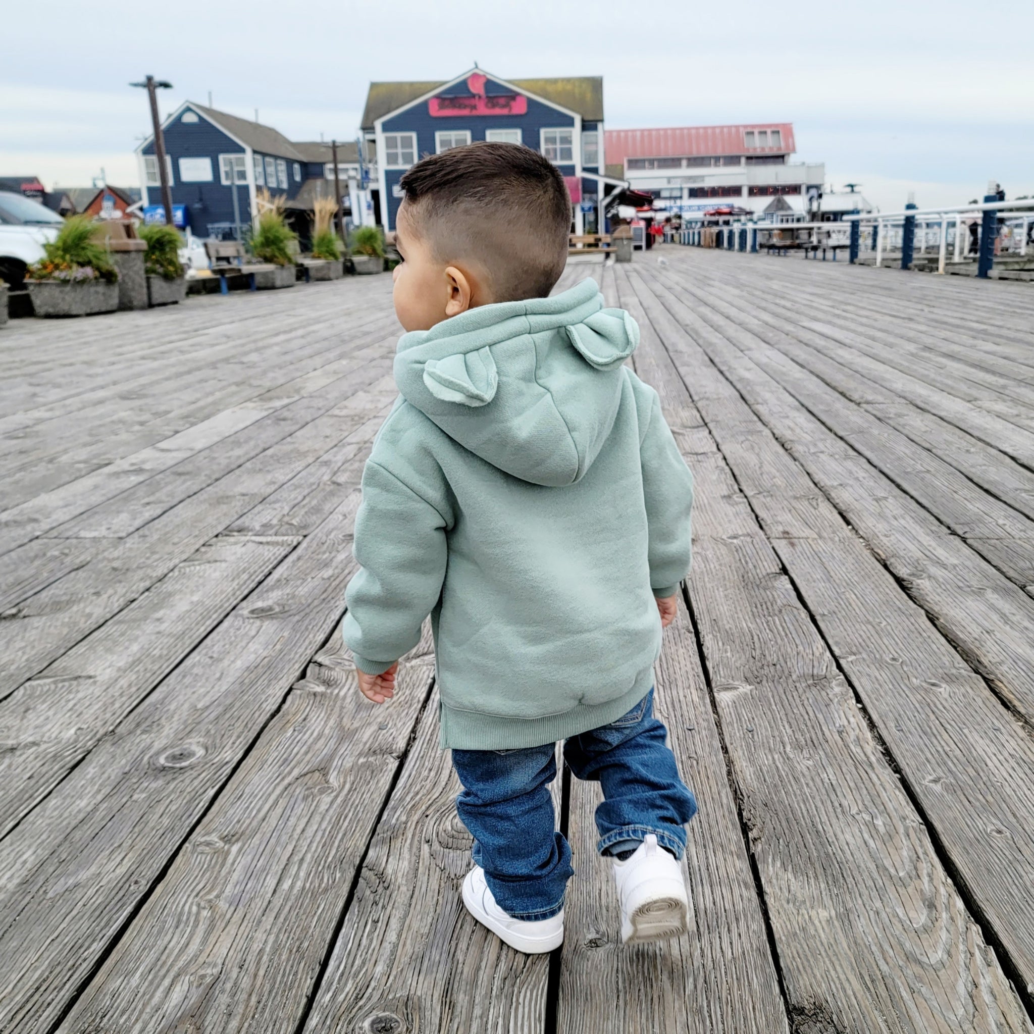 toddler wearing a green bear hoodie with  ears - Hunny Bubba Kids