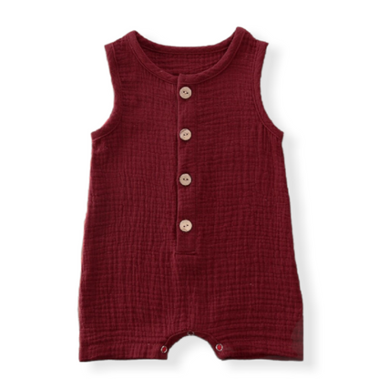 Red cotton baby romper for summer with buttons on the front and bottom- Hunny Bubba Kids
