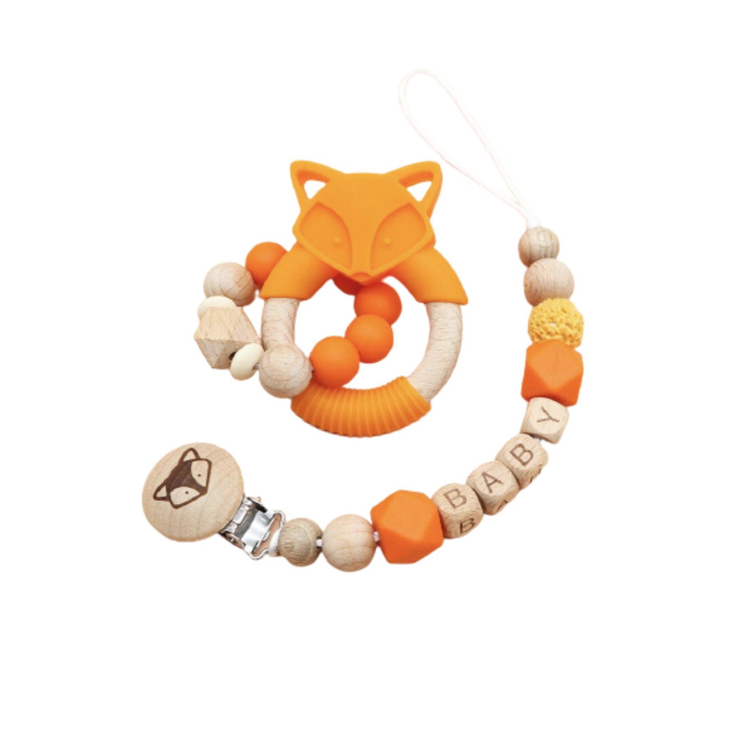 vibrant orange fox pacifier clip and holder set- hunby bubba kids