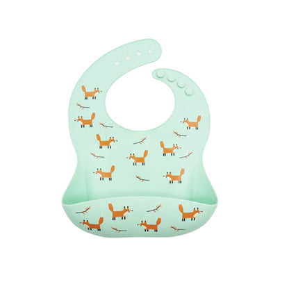 Adjustable green silicone baby bib with graphics of little foxes