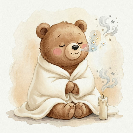 a cute fuzzy bear called bubba sitting on the ground wrapped around with a warm fleece blanket practicing the flower breath and blow out the candle technique.