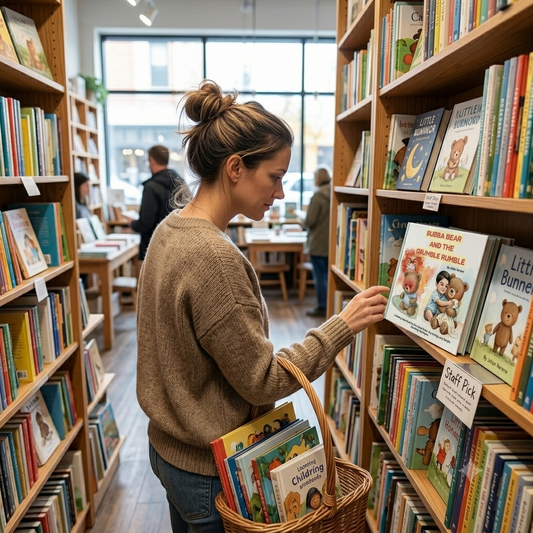 a woman at a bookstore choosing books for children and grabbing one called bubba bear and the grumble rumble
