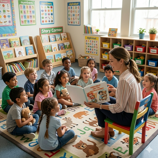 A female elementary teacher sitting on a chair in the middle of the class reading and showing the bubba bear and the grumble rumble book to children from her class