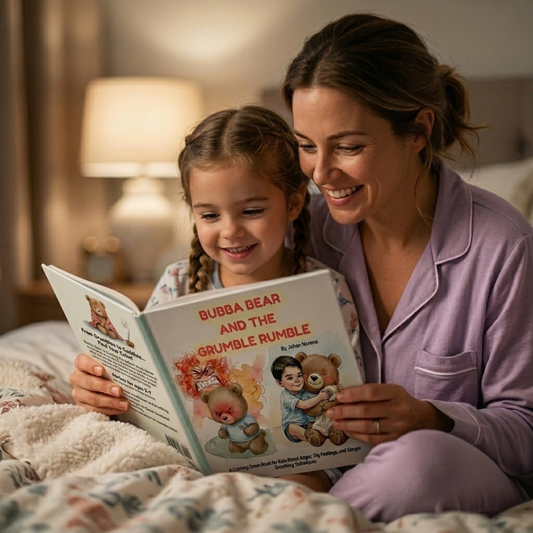 A mother smiling happily with her daughter in her lap while reading a SEL rhythmic book before bedtime