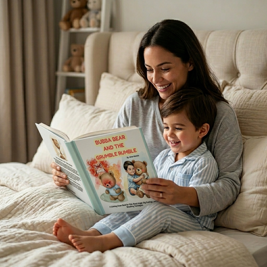 mom with her child reading a book called bubba bear and the grumble rumble on the bed in the child's nursery before bedtime.