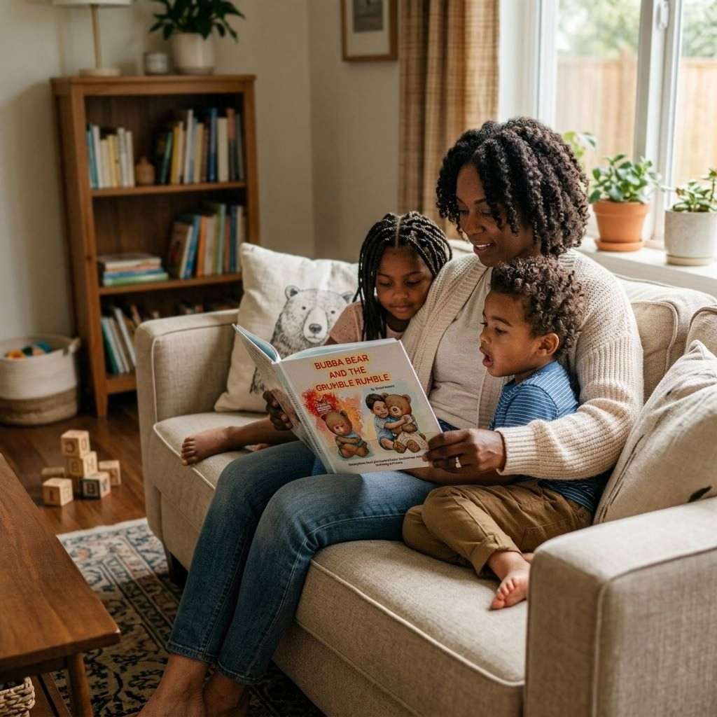 An Afro-American woman sitting on the sofa in the living room reading a book called bubba bear and the grumble rumble to both of her kids sitting with her