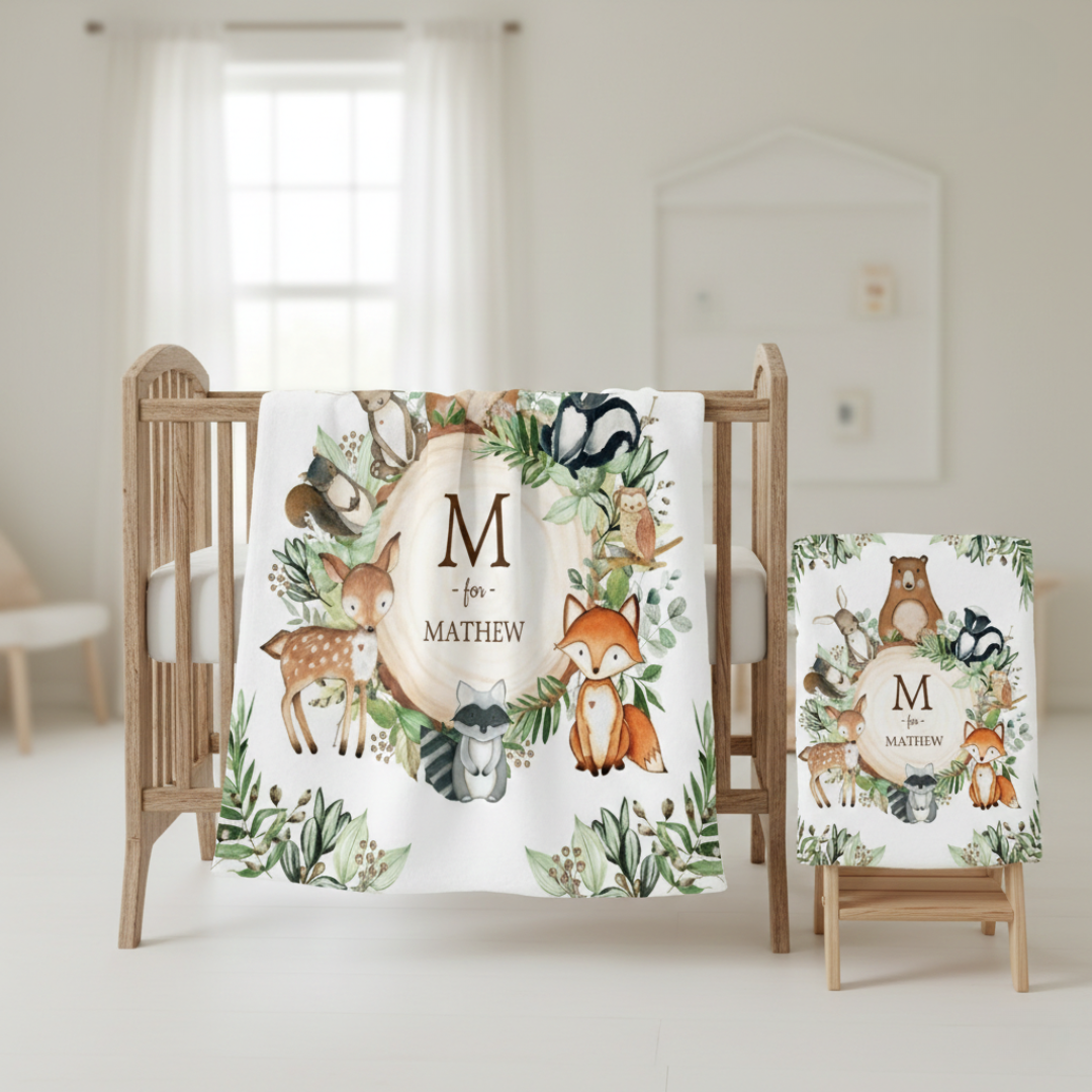 A woodland themed personalized baby blanket draped over a crib in a minimalist baby nursery and another blanket draped over a wooden stand