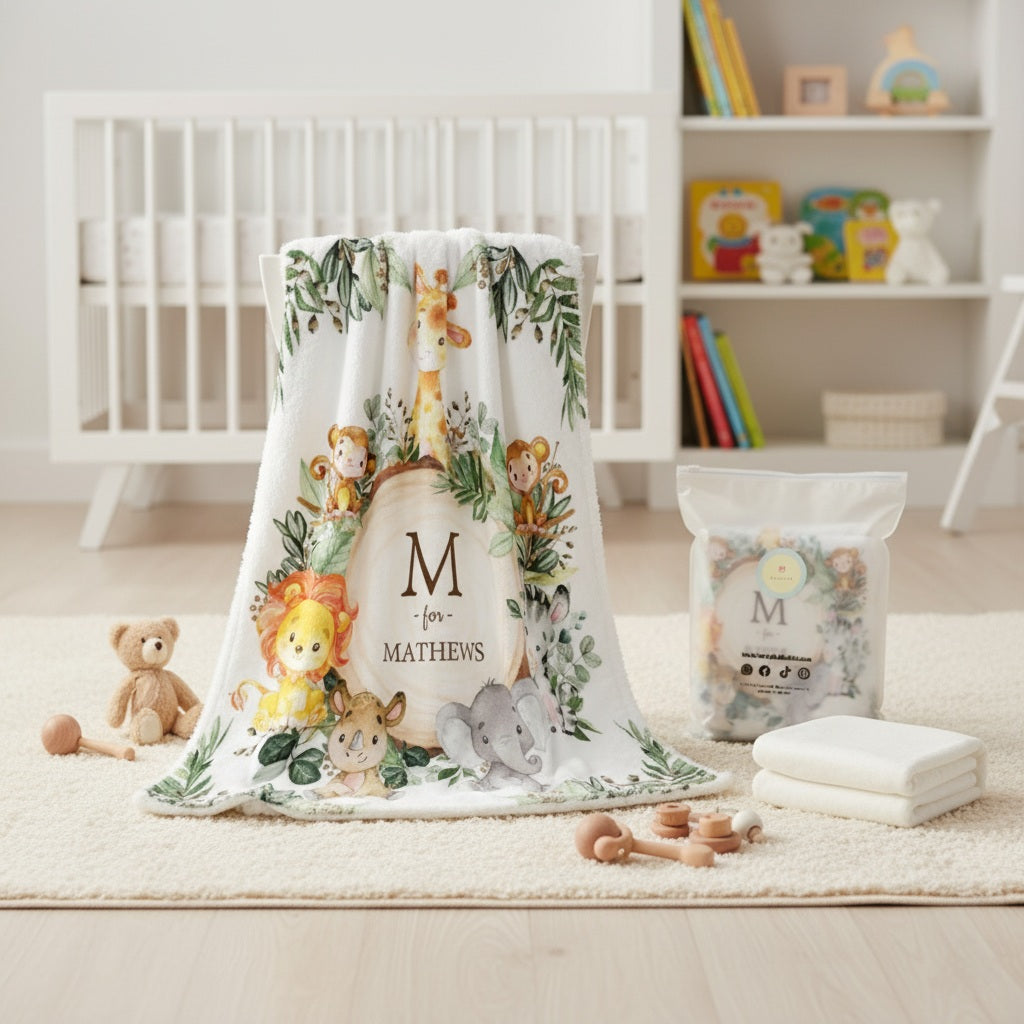 safari animals personalized Fleece baby blanket with baby's name on it being displayed in a baby's nursery room.