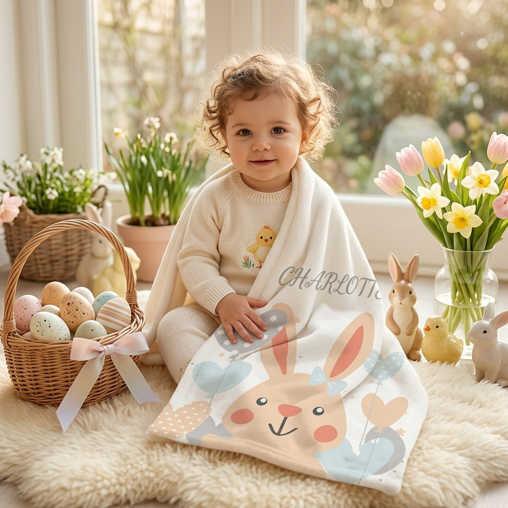 a toddler girl sitting down in the middle of a living room while being covered by a soft and warm easter personalized baby blanket and a bunch of Easter decorations around her.