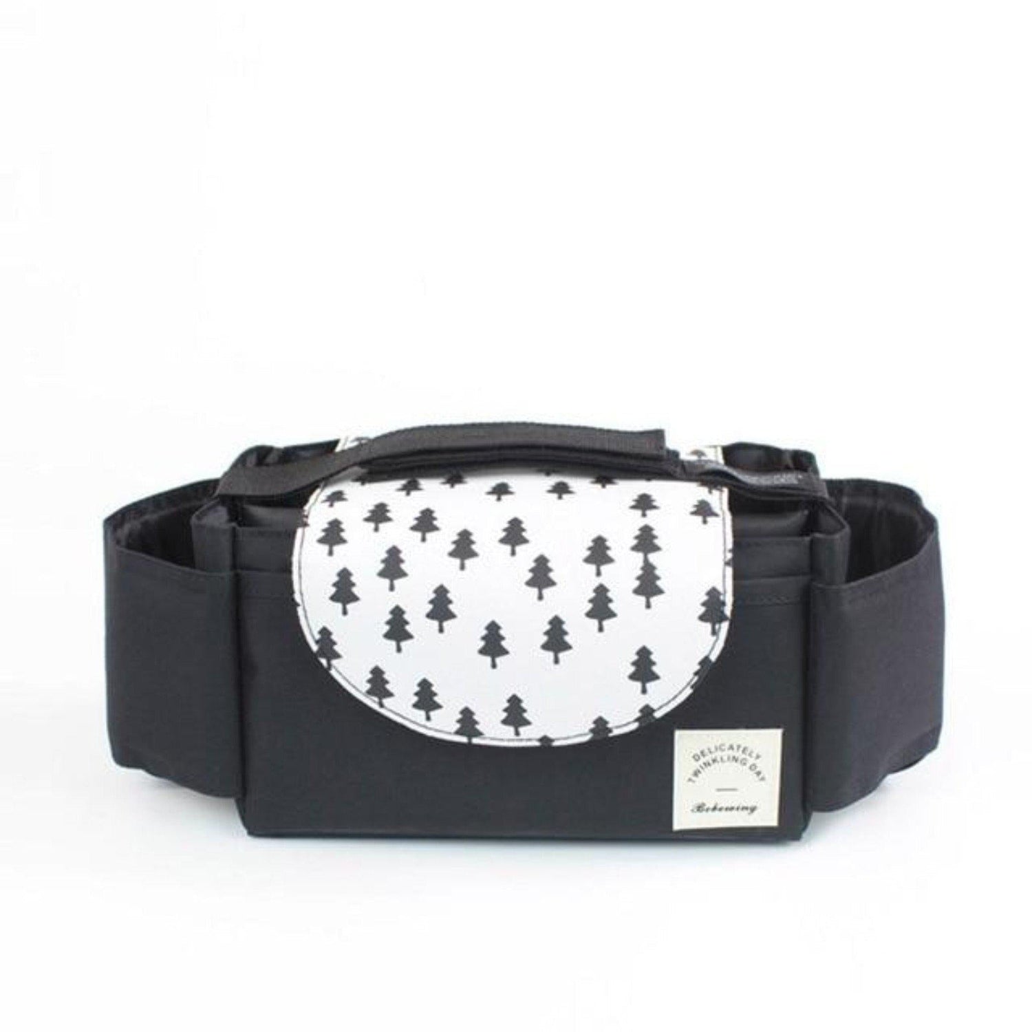 Stroller organizer with two cup holders on the side on a white background