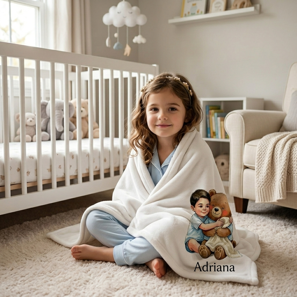 Young 6 year old girl sitting on the floor in the middle of her nursery while wrapping herself with a warm personalized fleece blanket with her name on it.