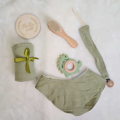 green dinosaur newborn gift set with a teether, baby swaddle, a baby hair brush, a pacifier clips, a fabric bib and a baby photo prop