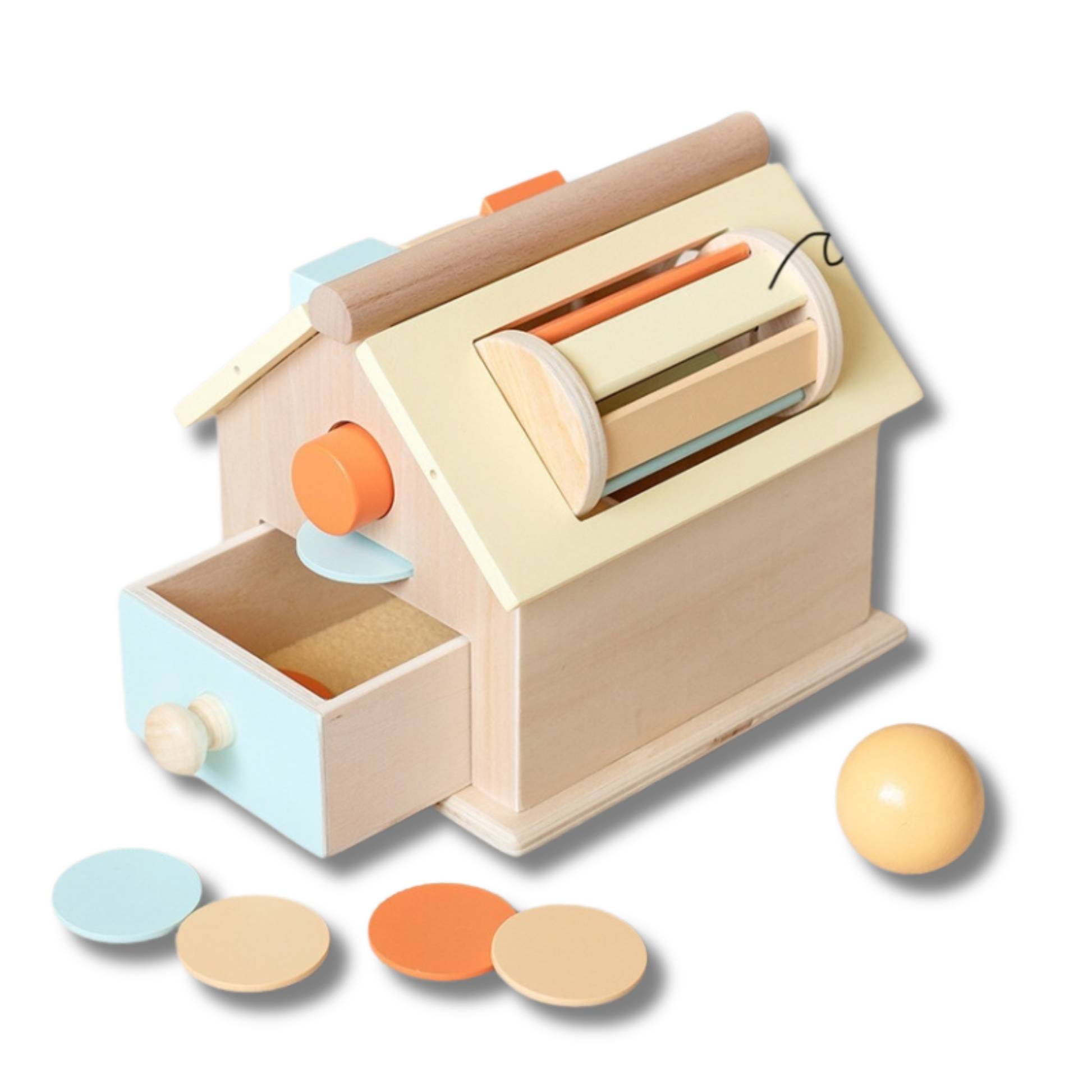 4 in 1 wooden Montessori Toy House with wooden balls and coins
