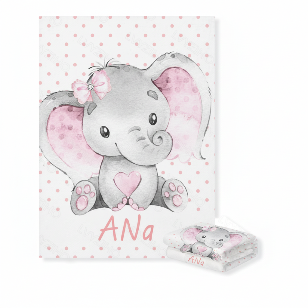 Cartoon elephant with pink accents on a polka dot background, personalized with 'Ana'.