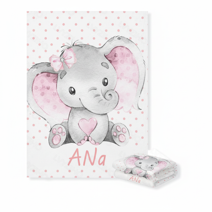 Cartoon elephant with pink accents on a polka dot background, personalized with 'Ana'.