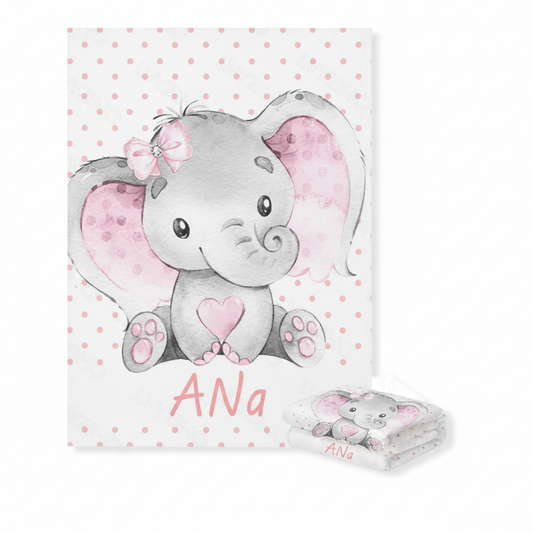 Cartoon elephant with pink accents on a polka dot background, personalized with 'Ana'.