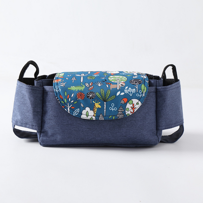 dark grey stroller organizer bag and cup holder with jungle animals on a white background