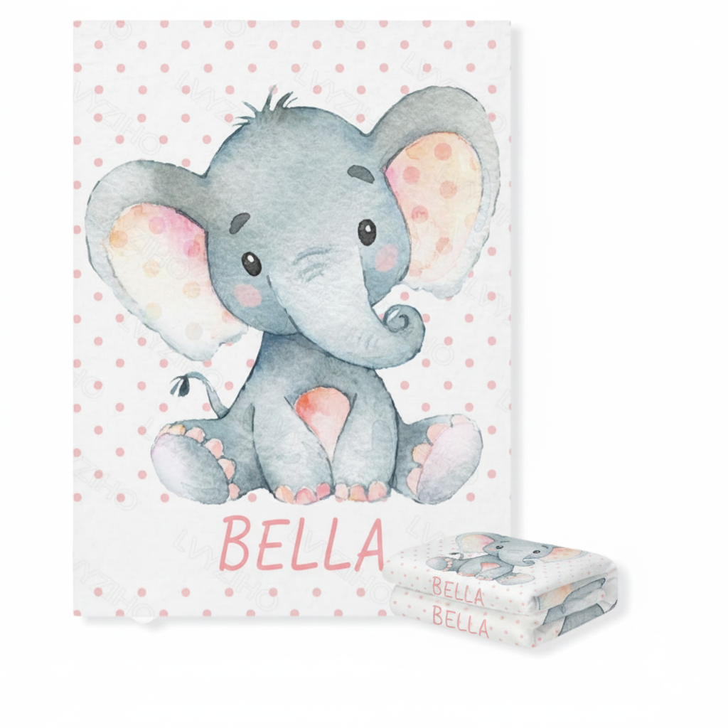 Illustration of a baby elephant personalized fleece baby blanket with 'Bella' on a polka dot background