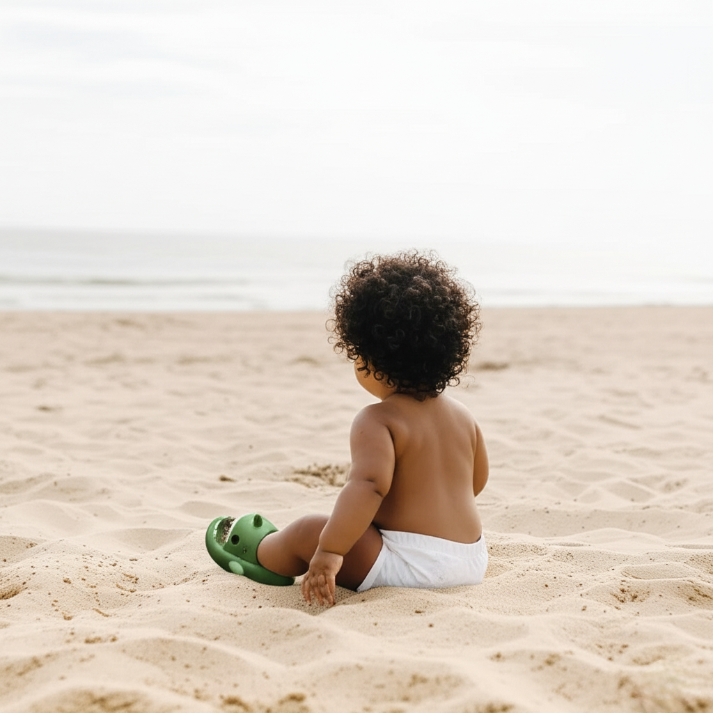 Child sitting on a sandy beach wearing a diaper and green sandal.
