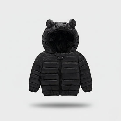 Black puffer jacket with bear ears on a light gray background