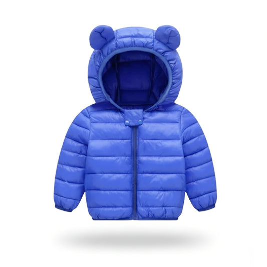 Blue children's puffer jacket with bear ears on a white background