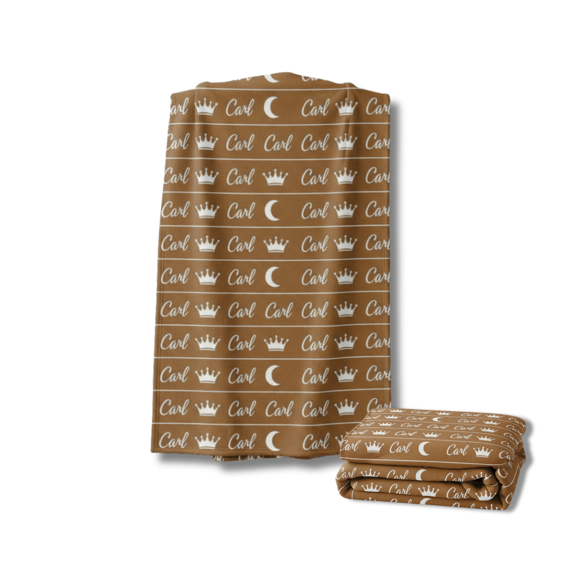 Brown blanket with 'Carl' pattern on a white background