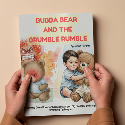 Book titled 'Bubba Bear and the Grumble Rumble' held by hands on a beige background