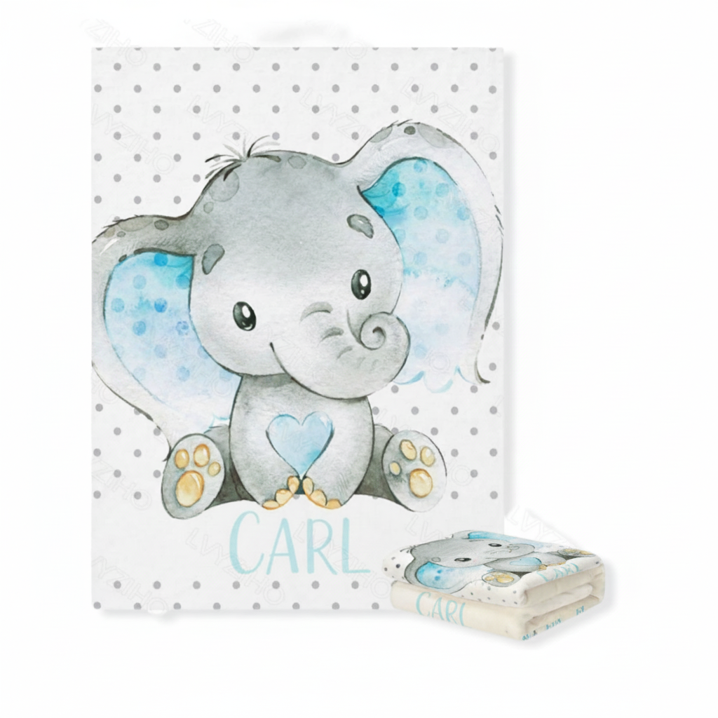 Baby blanket with an elephant design and the name 'Carl' on a white background