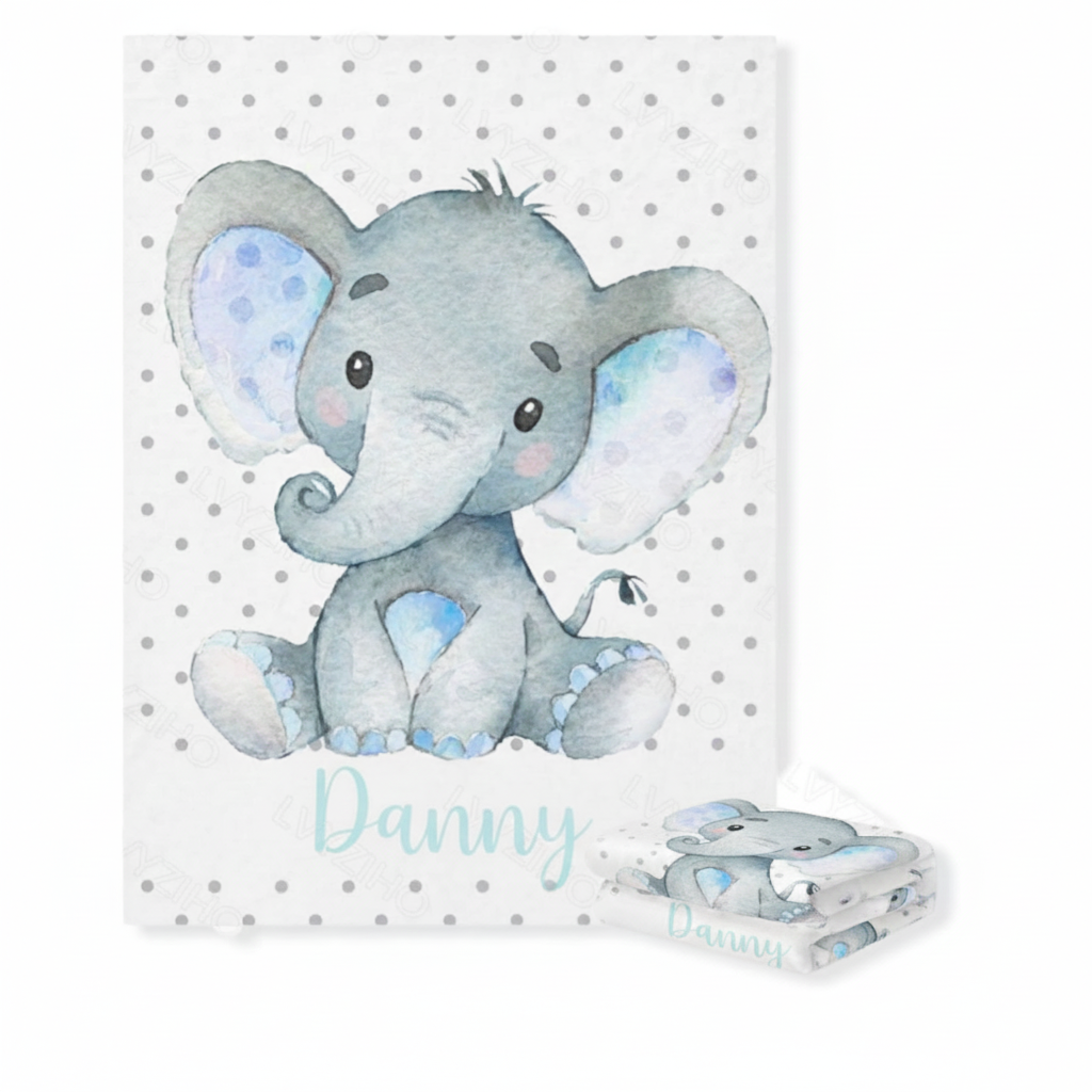 elephant themed personalized fleece baby blanket 'Danny' on a polka dot background