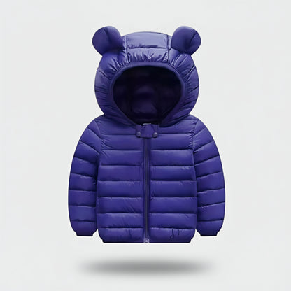 Blue puffer jacket with bear ears on a light gray background