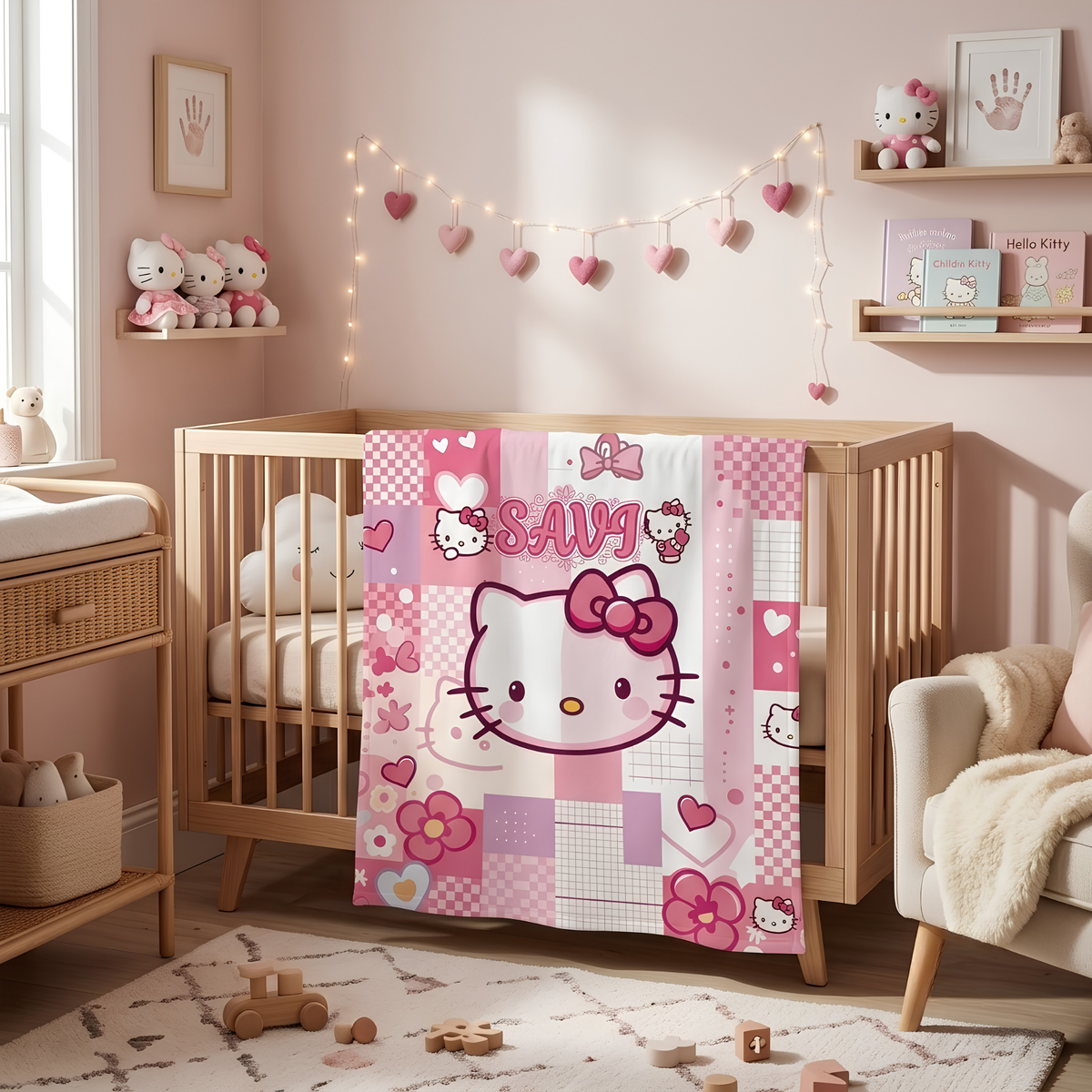 A pink Hello Kitty themed crib blanket draped over a wooden baby crib in a styled nursery. The blanket features a patchwork design with a large Hello Kitty face, pink bows, hearts, and the word 'BABY'.